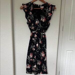 Rebecca Taylor Black and Pink Floral Midi Dress